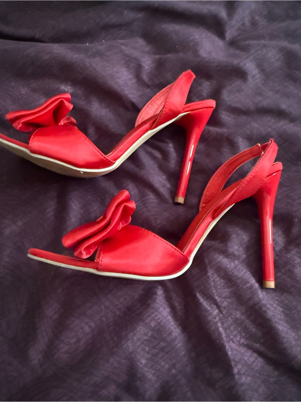 Red Satin High Heel Slingback Sandals with Bow like new